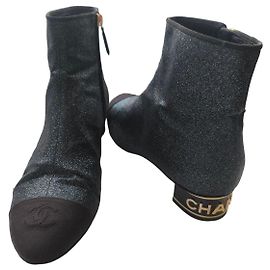 Chanel Glitter Ankle Boots with Gold Logo Black Metallic
