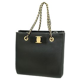 Salvatore Ferragamo Vara Leather Chain Tote Bag Black