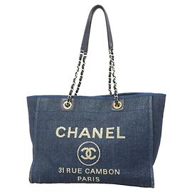 Chanel Deauville Straw Chain Tote Bag Navy blue