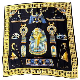 Hermès Lenço de Seda Tutankhamon Preto Preto Branco Azul Dourado Laranja