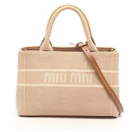 Saco Tote Miu Miu em lona com logótipo Bege Cru