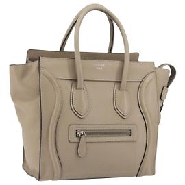 Céline CELINE Luggage Micro Shopper Hand Bag Leather Beige Silver Auth 196658V Prata Bege