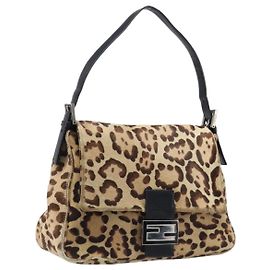 FENDI Mamma Baguette Shoulder Bag Harako leather Beige Silver Auth am12627SAM Silvery Beige