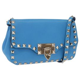 VALENTINO Studs Shoulder Bag Leather Blue Gold Auth 205104V Blue Golden