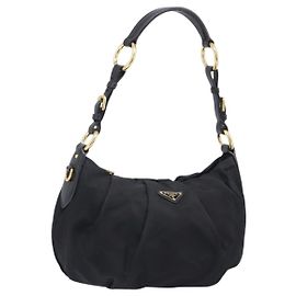Bolso de hombro PRADA Nylon Negro Dorado Auth 201478V Negro Dorado