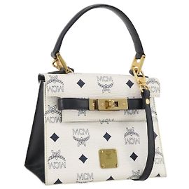 Sac à main MCM Vicetos PVC Cuir 2 voies White Gold Tone Auth 205825A Blanc Autre