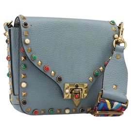 Bolsa de Ombro VALENTINO Studs em Couro Azul Claro Dourado Auth LN123 Dourado Azul claro