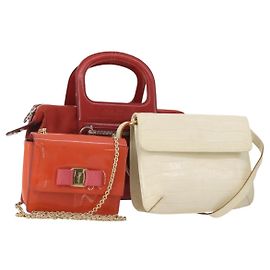 Salvatore Ferragamo Shoulder Bag Leather Canvas 3 Set Orange White Auth 202776 White Orange