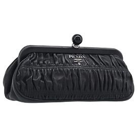 PRADA Gathered Cosmetic Pouch Leather Black Silver Auth 204606V Black Silvery