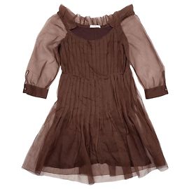 Vestido Midi Prada SS08 em tule e chiffon plissado Marrom