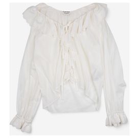 Autre Marque Saint Laurent von Anthony Vaccarello SS20 Langarm-Spitzentop mit Rüschen Weiß