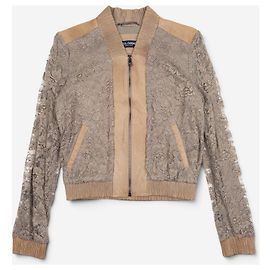 Dolce & Gabbana 2000s Leather Trimmed Lace Bomber Jacket Grey