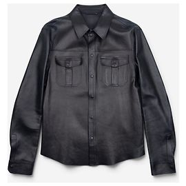 Gucci by Tom Ford 2000s Leder Military Cargo Button Up Hemd Schwarz