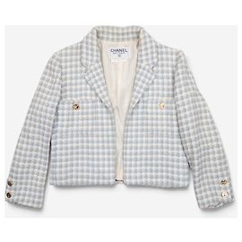 Chanel by Karl Lagerfeld AW87 Cropped Houndstooth Tweed Blazer Jacke Weiß