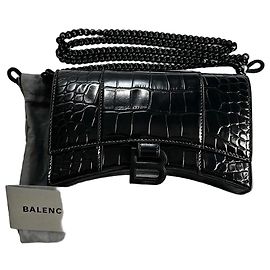 Balenciaga Hourglass Bolsa de Corrente Couro Preto Efeito Crocodilo Preto