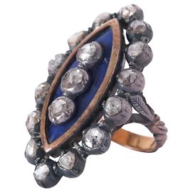 Autre Marque Antique Blue Enamel White Brilliant-Cut Diamond Navette Ring Silvery Other