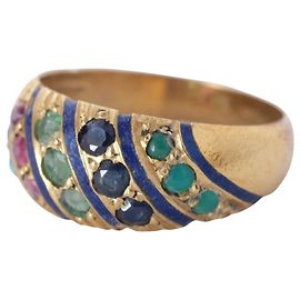 Autre Marque Anello Bombé vintage in oro giallo 18K, pietre preziose multicolore e smalto blu Multicolore Altro