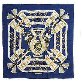 Hermès Carré 90 Seta Aux Champs Blu Navy Bianco Blu D'oro