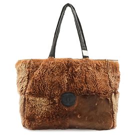 CHANEL Lapin Rabbit Fur Coco Mark Tote Bag Brown Black