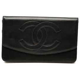 Chanel Black CC Lambskin Stitched Flap Long Wallet Black