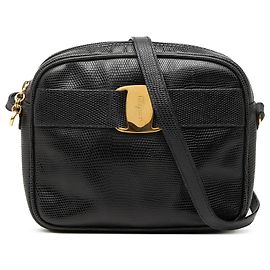 Salvatore Ferragamo Ferragamo Black Lizard Embossed Leather Vara Crossbody Black