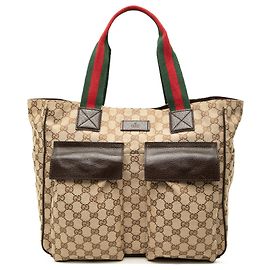 Gucci Beige GG Canvas Web Double Pockets Tote Beige