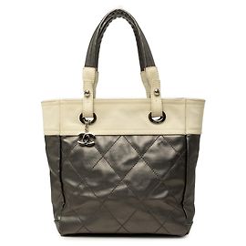 Chanel Paris Biarritz Tote Small em lona revestida acolchoada bicolor cinza Marrom Cinza antracite
