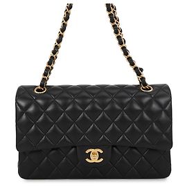 Chanel Black Medium Classic Lambskin Double Flap Preto