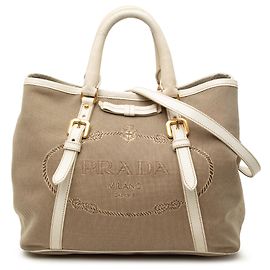 Prada Beige Canvas Canapa Logo Bow Satchel Andere