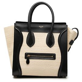 Céline Celine Mini Luggage Tote em lona e couro bicolor castanho Marrom Bege