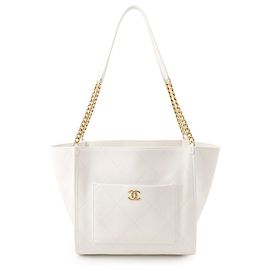 Saco Tote com corrente Chanel em couro de bezerro grão branco Branco