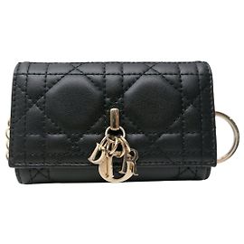 Christian Dior NEW LADY DIOR KEY CASE BLACK CANNAGE LEATHER CARD HOLDER WALLET KEY CASE Black
