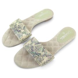 CHANEL G29732 SANDALEN MULES CC LOGO 40.5 PYTHON-OPTIK SCHUHE Grün
