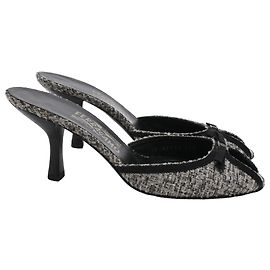 Salvatore Ferragamo Open-Toe Mule Heels in Grey Tweed Grey