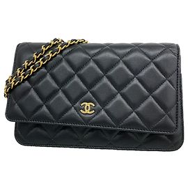 Chanel Matelassé Schulterbörse mit Kette aus schwarzem Lammleder Schwarz