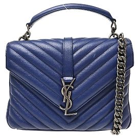Autre Marque Saint Laurent Classic Monogram College Matelasse Chevron Leather Mini Bleu