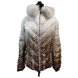 Autre Marque Angelo Marani Leopard Print Down Jacket with Fox Fur Trim Brown White Leopard print