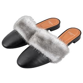 Givenchy Black Leather and Grey Faux Fur Flat Mules Black
