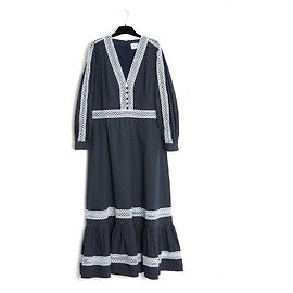 Erdem Magdalene Navy Blue Swiss Dot Cotton Maxi Dress White Blue