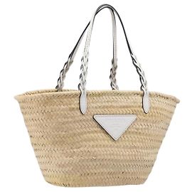 Saco Tote PRADA em palmeira tecida Raffia Beige Auth 203649M Bege