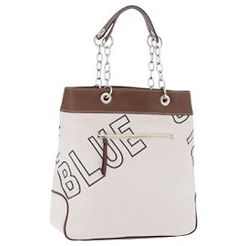 BURBERRY Blue Label Chain Tote Bag Canvas White Silver Auth 204369 Silvery White