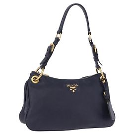 Bolsa de Ombro PRADA em Couro Navy Gold Auth 203139V Dourado Azul marinho