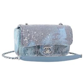 CHANEL Mini Matelasse Chain Shoulder Bag Sequin Blue Silver CC Auth yk20926M Silvery Blue