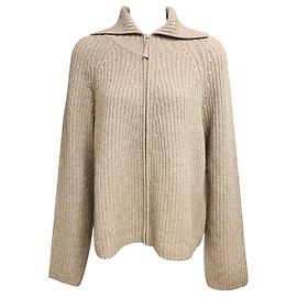 Allude Beige Zip Front Wool and Cashmere Knit Sweater Beige