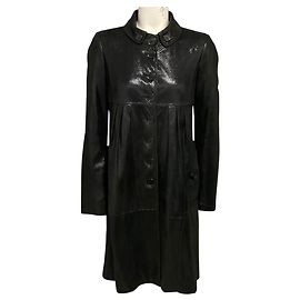Burberry Black Shimmer Iridescent Button Front Goatskin Leather Coat Black