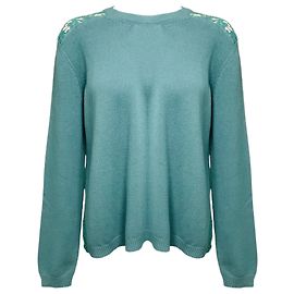 Valentino Garavani Pull à col rond Valentino en laine et cachemire turquoise avec dos en dentelle Bleu