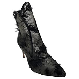 Zac Posen Black Sequined and Embroidered Mesh Tulle Lace Ankle Boots with Leather Trim Black