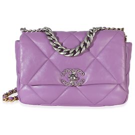 Bolsa de aba Chanel 19 Medium em pele de cordeiro acolchoada roxa Roxo