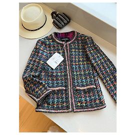 Chanel Tweed Jacke Mehrfarbig Hahnentritt Muster Größe 34 Mehrfarben