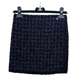 Saia Chanel Preta com Padrão Xadrez e Glitter Multicor